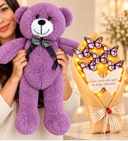 50 cm Büyük Boy Mor Peluş Ayıcık ve LED Işıklı Aynalı Beyaz Kelebek Buketi Sevgiliye Hediye