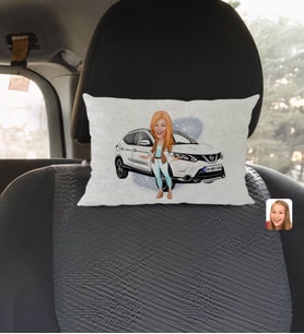 BK Gift Kişiye Özel Plakalı Kadın Nissan Qashqai Karikatürlü Dikdörtgen Araç Koltuk Yastığı-1