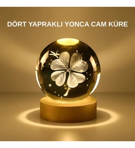 Dekoratif Yonca Görünümlü Işıklı Kristal Cam Küre USB Masa Gece Lambası