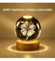 Dekoratif Yonca Görünümlü Işıklı Kristal Cam Küre USB Masa Gece Lambası