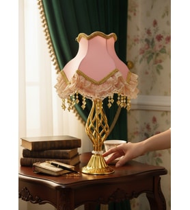 Pudra Pembe Gold İşlemeli El Yapımı Vintage Abajur Gold Kaplama Metal Ayak 50x28cm