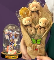 Kişiye Özel Led Işıklı Fanus ve Kahve Peluş Ayıcık Buketi - Premium Hediye Seti (Model 5)