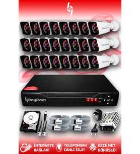 BAYICAM 24 Kameralı Kare 24 Dış Kamera Set 500 GB HDD Full HD Gece Görüşlü Güvenlik Kamerası Sistemi