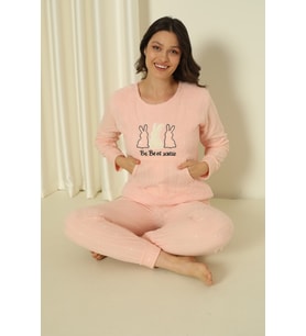Fawn 04-3302 Peluş Welsoft Polar Kışlık Yumoş Tavşanlı Kadın Pijama Takımı (Toz Pembe)