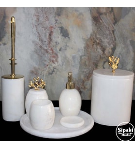 Sipahi Marble Beyaz Mermer Bombeli Dizayn 7'Li Banyo Seti