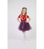 Kız Çocuk 23 Nisan 29 Ekim Gösteri Kıyafeti Kostüm Baskılı Kısa Kol Tshirt Mor Tütü Etek Takım