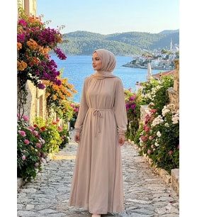 Kadın Beli Kuşaklı Boydan Tesettür Elbise