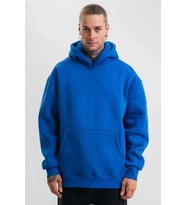 Erkek Saks Mavi Double Oversize 3 İplik Pamuklu Kapüşonlu Kanguru Cepli Sweatshirt Hoodie - Saks Mavi
