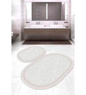 Dijital Baskılı Kaymaz Taban Yıkanabilir Oval 2'li Klozet Takımı Banyo Paspası NOKZ-HT-391 (Krem)