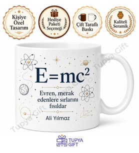 E=mc2 Temalı Fizik Sever Hediyesi Baskılı Porselen Kupa Bardak
