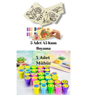 Nostaljik Oyuncak Mühür Istampa 5 Adet + Kum Boyama Seti 5 Adet A5 Boyutunda (20x13,5 cm)