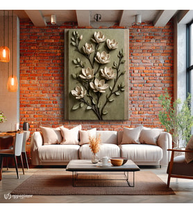 Dikey Kanvas Tablo Kabartma Görünümlü Manolya Bitki Tablosu Ev Ofis Duvar Dekoru
