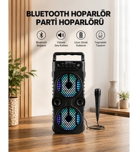 Led Işıklı Bluetoothlu Hoparlör Mikrofonlu Taşınabilir Ses Sistemi