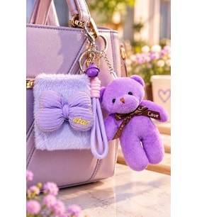 Peluş Fiyonk Detaylı Cep Aynası Anahtarlık Ve Peluş Ayıcık Set – Kawaii Çanta Charmı Makyaj Aynası-L