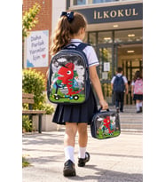 Sevimli Dinozor Simli İlkokul Çantası 2'li Set Sırt Çantası ve Beslenme Çantası 38x25x20 cm