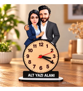 2 Kişilik Çift Temalı Kişiye Özel Karikatürlü 18 cm MDF Dikey Masa Saati - Takım Elbiseli Erkek Hediyesi Yeni İş ve Meslek Hediyesi