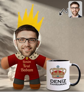 BK Gift Kişiye Özel Fotoğraflı Kral Babam Tasarımlı Bebek Yastık-1 & Siyah Kupa Bardak Hediye Seti-13, Babalar Günü Hediye, Babaya Hediye