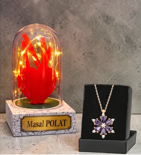 Size Özel Kırmızı Kalpli Led Işıklı Fanus ve Gerçek Ametist Taşlı Lotus Kolye