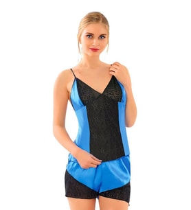 Sistina Bayan Mavi Siyah Saten Babydoll Şortlu Takım 292 (Mavi-Siyah)