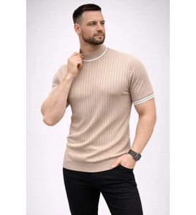 Erkek Fitilli Triko Dokuma Kısa Kol Tişört Yarım Boğaz Modern Yazlık T-Shirt - Bej
