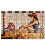 Cakapuzzle Lacivert Mayolu Kadın ve Gramofon Puzzle Yapboz MDF (Ahşap) (120 Parça)