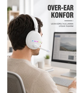Beyaz Bluetooth 5.0 Mikrofonlu Kablosuz Kulak Üstü Kulaklık Rgb Işıklı Type-c Şarjlı