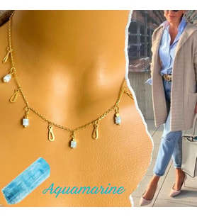 Manna by Banu, DERİN AŞK Kolye, Doğal Taş, Aquamarine, Altın Kaplama, El Yapımı, Kadın Gerdanlık