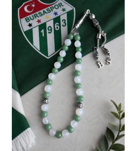Bursaspor Renklerinde Yeşil Florit ve Beyaz Akik Taraftar Tesbihi