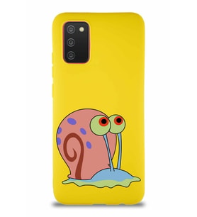 Samsung Galaxy A02S Soft Premier Kapak Salyangoz Gary Tasarımlı Silikon Kılıf - Sarı (Şeffaf)