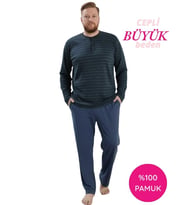 Seamlife Erkek Büyük Beden Bisiklet Yaka 3 Düğmeli Mevsimlik Uzun Kol Pijama Takımı (Lacivert)