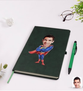 BK Gift Kişiye Özel Süper Baba Karikatürlü Yeşil Termo Deri Defter Kalem Seti Model 1