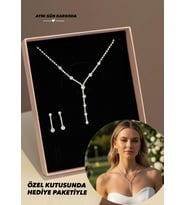 Özel Kutusunda Hediye Paketiyle İrene  Gümüş Kaplama  Takı Seti Kolye Küpe Hediye Set Düğün Nişan Söz Nikah Takı Seti (Beyaz Gümüş)