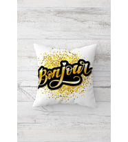 Gold Bonjour Yazılı Çift Tarafı Baskılı Gizli Fermuarlı Yastık Kılıfı Kırlent Koltuk Yastık Kılıfı (Beyaz-Sarı)
