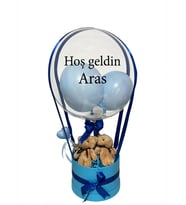 mavi sevimli ayıcıklı ve kişiselleştirilebilir '' Hoş Geldin Bebek '' balonlu süs kutusu