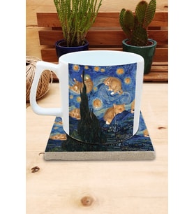 Kediler ve Sanat/Van Gogh Set 10 - Yıldızlı Gece(Starry Night) Yelken Fincan Kupa-Taş Bardak Altlığı 9