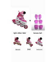 Işıklı Çocuk Pateni Ayarlanılabilir Alıştırma Silikon Tekerli Frenli Metal Gövdeli Paten Dizlik Set 34-37 (Açık Pembe)