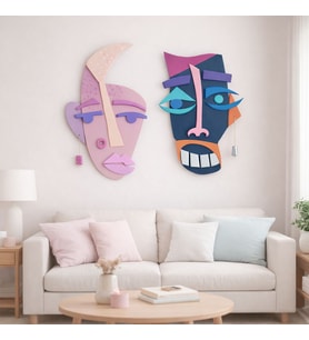 Modern Renkli İkili Soyut Yüz 50x50 cm Duvar Dekoru Ev, Ofis ve Kafe Dekorasyonu