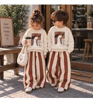 Kaz Baskılı Sweatshirt ve Çizgili Eşofman Sütlü Kahve Kız & Erkek Çocuk Alt Üst Takım 3ip