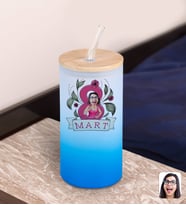 BK Gift Kadınlar Gününe Özel Karikatürlü Mavi Renk Pipetli Buzlu Cam Bardak 600ml - 5, 8 Mart Kadınlar Günü