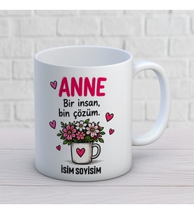 Kişiye Özel Çiçekli Anne Tasarımlı Bin Çözüm Yazılı İsimli Seramik Kupa Bardak
