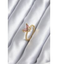 Gold Renk Pembe Zirkon Taşlı Kelebek Model Kadın Yüzük 5886