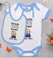 BK Kids Kişiye Özel Burada Patron Benim Tasarımlı Mavi Bebek Body Zıbın ve Mama Önlüğü Hediye Seti