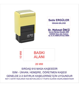 SIRDAŞ 910 İSİM ÜNVAN KAŞESİ - SARI MAKİNA - MAVİ MÜREKKEP
