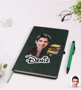 BK Gift Kişiye Özel Erkek Öğretmen Karikatürlü Yeşil Termo Deri Defter Kalem Seti Model 1