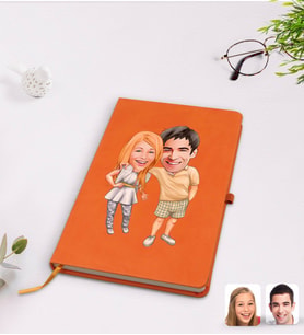BK Gift Kişiye Özel Sevgililer Karikatürlü Turuncu Termo Deri Defter Model 98