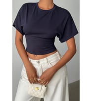 Kadın Yarasa Kol Belden Oturtmalı Pamuklu T-shirt