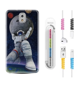Samsung Note 3 4 5 8 9 20 Ultra 10 Lite Kılıf Kablo Koruma Spiral Silikon Astronot ve Dünya 1759