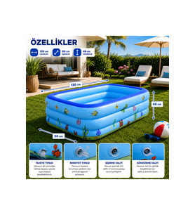 Şişme Havuz 3 Tabanlı Dikdörtgen Havuz Çocuk Şişme Havuzu 130x90x45cm Pompalı