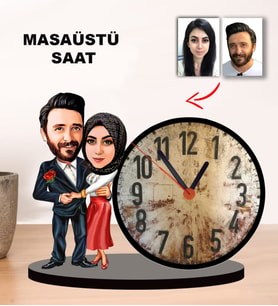 Kişiye özel Karikatür  Tesettürlü Çift, Sevgili tasarımlı Masaüstü Saat, Sevgililer Günü Hediyesi, Sevgiliye hediye-1