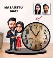 Kişiye özel Karikatür  Tesettürlü Çift, Sevgili tasarımlı Masaüstü Saat, Sevgililer Günü Hediyesi, Sevgiliye hediye-1